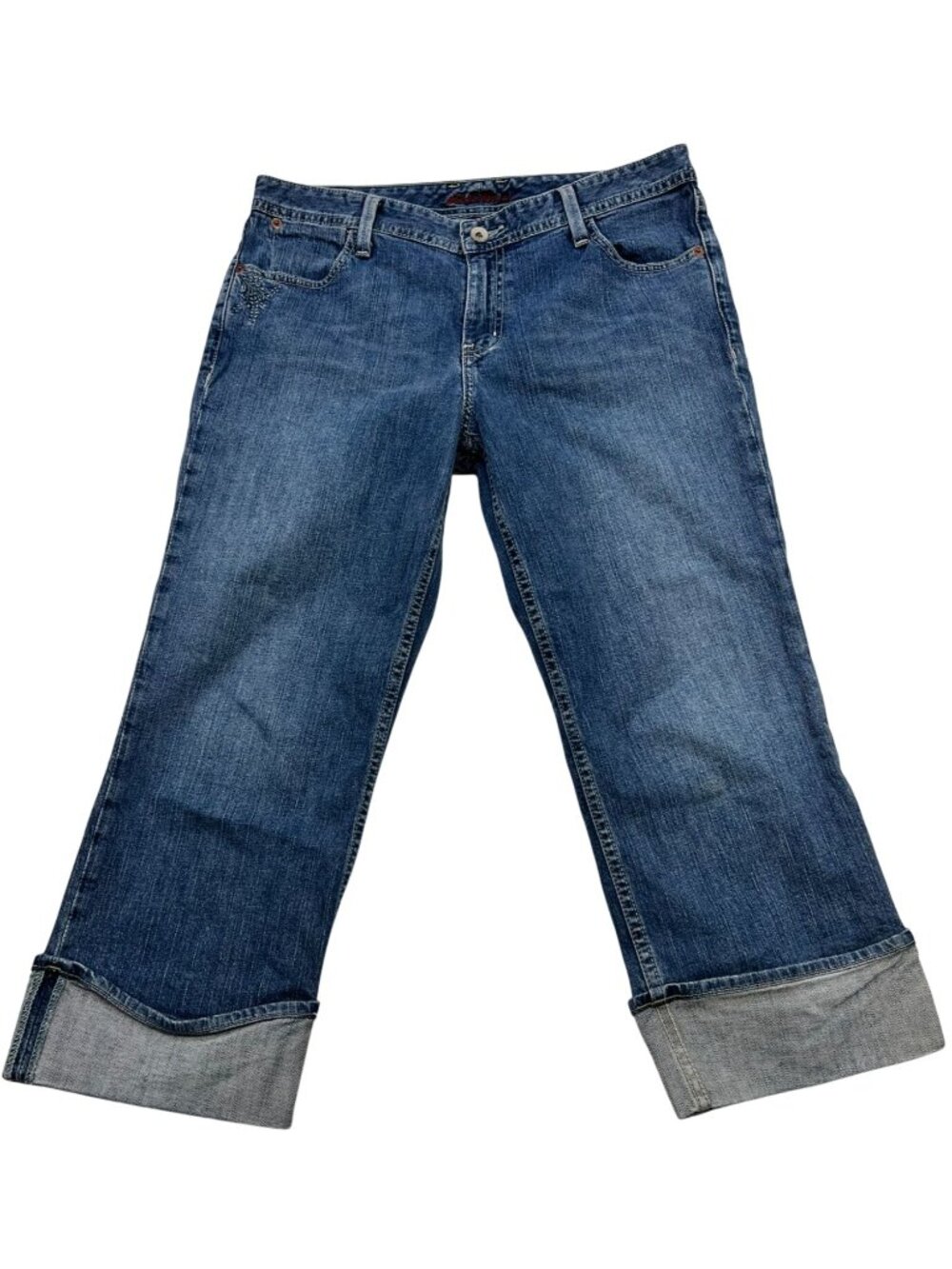 Eddie Bauer Women's Cuffed Denim Capri Jeans Stretch Size 10R Blue Medium Wash